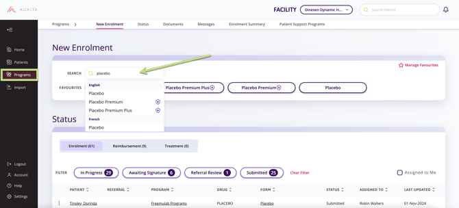 Screenshot of the program section, where you can search for enrolment programs.