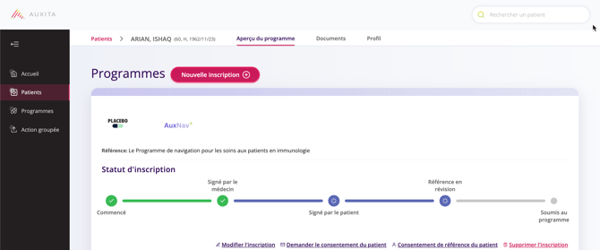 Statut d'inscription pour le médicament placebo qui se trouve actuellement dans l'état "Referral Review".