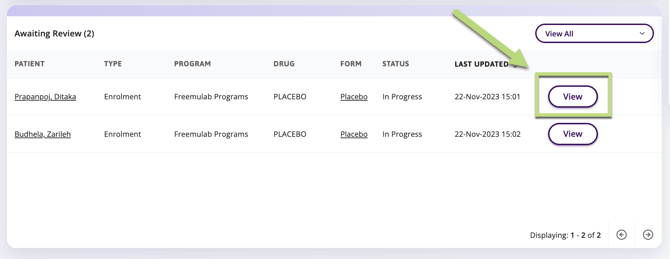 When on the home dashboard section to review or change an active enrolment by clicking the view button to open the form.