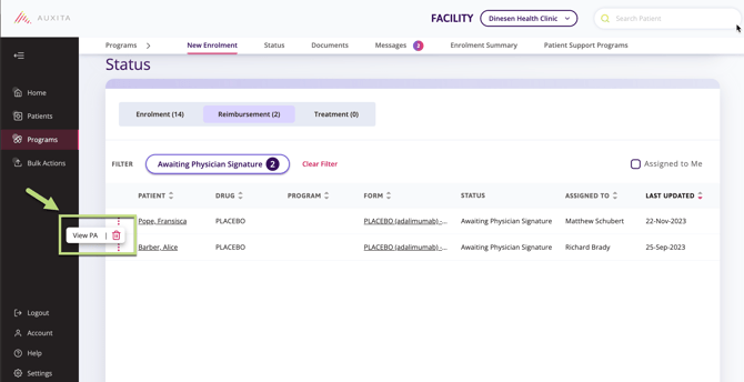 Click the three ellipses to be able to open to the PA form from the status table.