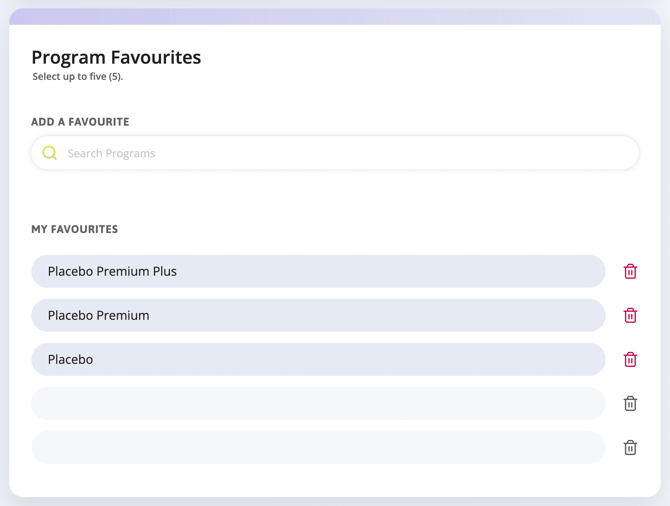 Programs Favourites page where you can add/remove favourite programs