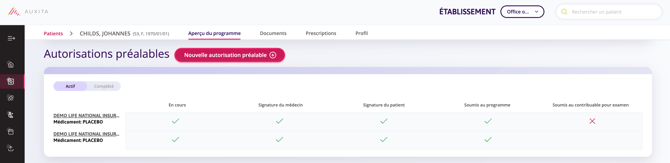 La section Patients de l'onglet Aperçu du programme, qui indique le statut du remboursement.