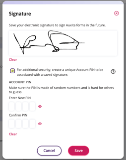 A screenshot of the signature tile indicating where to enter your signature, and the PIN toggle if the physician wants to add the security feature