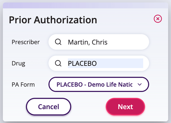 Prior authorization window to select the prescriber, drug and form displayed here.