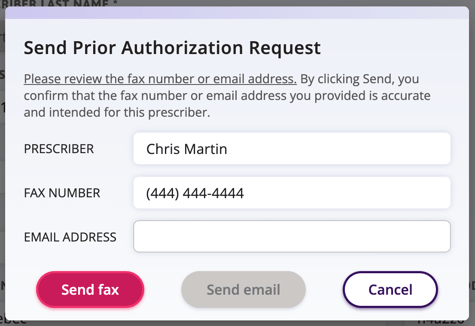 Send prior authorization request via fax window is displayed here.