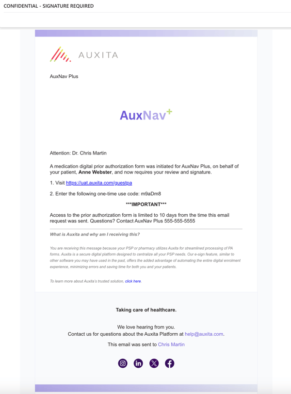 Example of an email with a OTU code.