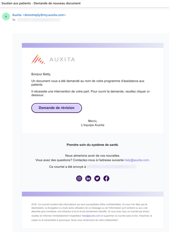 Capture d'écran de l'e-mail que les patients reçoivent et qui les invite à examiner la demande de programme d'aide aux patients.