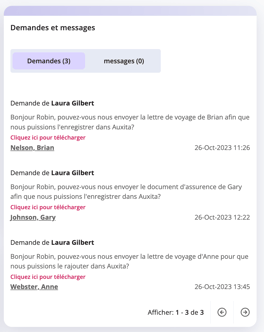 L'onglet Demande de la section Demandes et messages où vous pouvez voir quels documents ont été demandés.