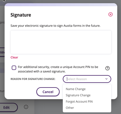 List of reasons for changing your signature including name change, signature change, forgot account PIN and other. 