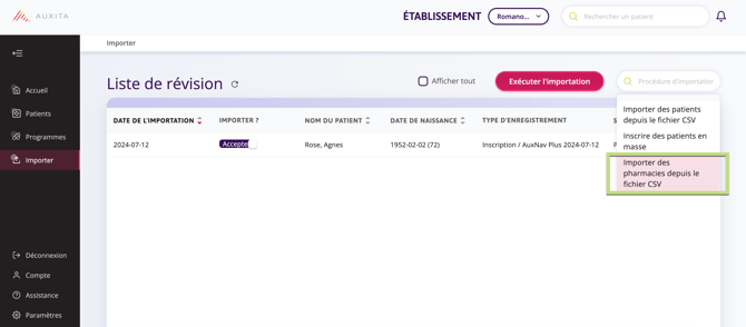 L'importation de pharmacies à partir d'un fichier CSV est illustrée dans cette capture d'écran.