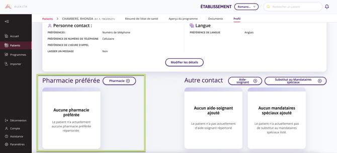 Profil des patients avec les carreaux de la pharmacie préférée disponibles. 