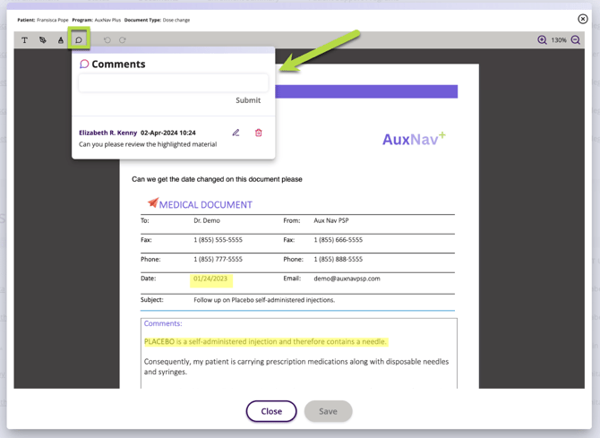 A preview of the top left hand side where you can leave a comment on a supporting document
