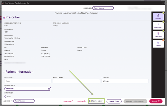 A screenshot of the enrolment screen showing the "Fax me a Copy" option
