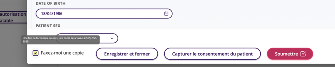 Une capture d'écran de l'option "Faxez-moi une copie" où le numéro de fax est affiché.