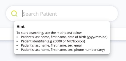Screenshot of the search bar where patient recorded in EPIC can be found with Auxita.