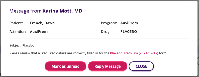 A preview of the pop up on what appears on the screen when actioning the messages section.