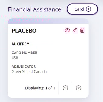 Options to view, edit or delete financial assistance card