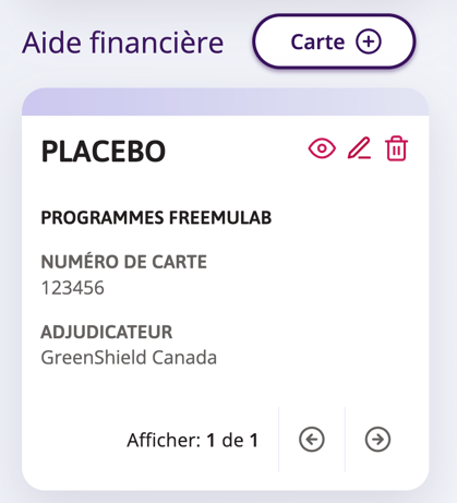 Options pour visualiser, modifier ou supprimer la carte d'aide financière.