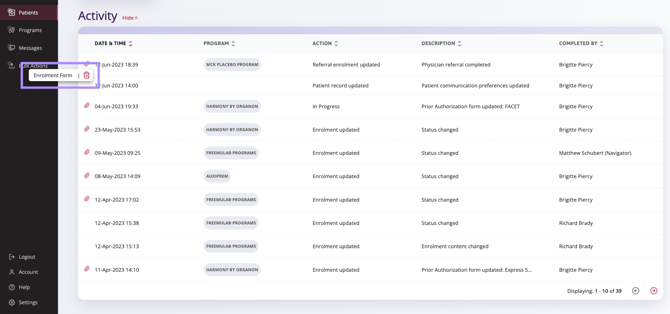 After selecting the attahment button an option displays to view the enrolment form or delete it