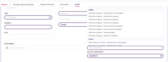 Create Program Patient window