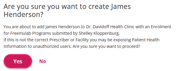 Confirmation of creating a patient 