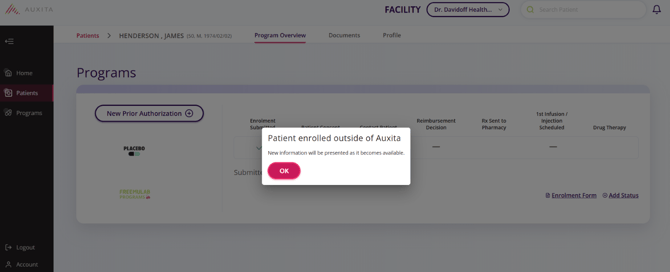 Patient enrolled outside of Auxita message.