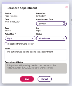 A screenshot of how a reconcile appointment would appear after clicking the pencil icon 