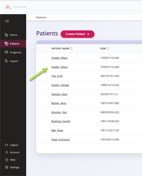 A screenshot showing where to select a patient from the patient list.