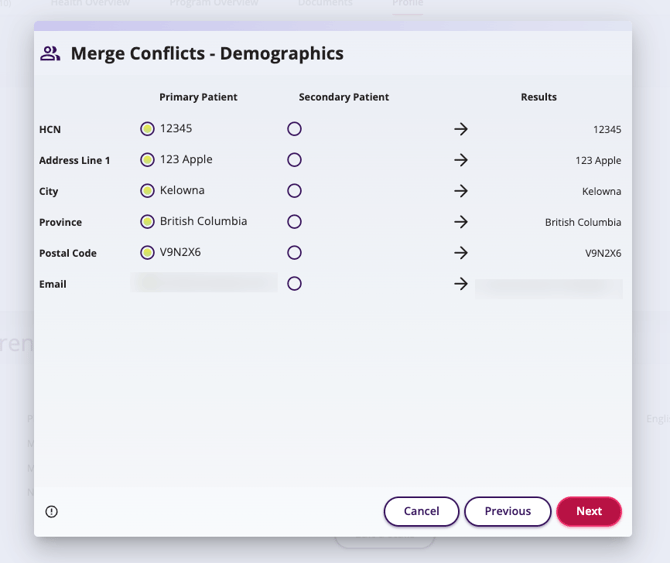 The image displays the demographics of the 2 patients prior to merging.