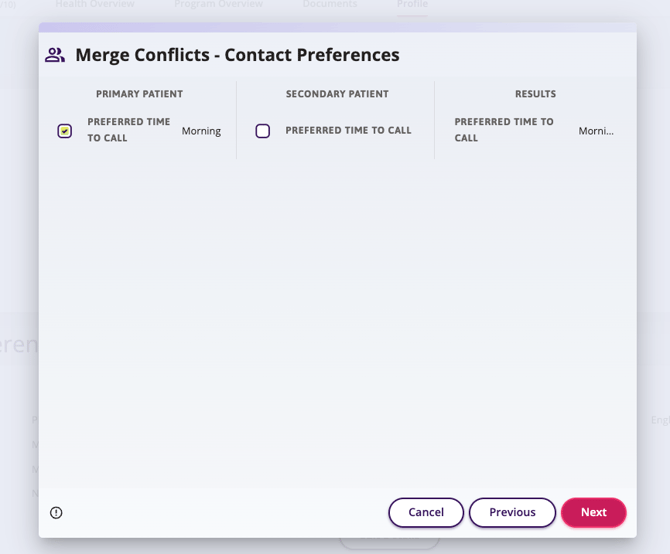 This image displays merge conflicts to confirm before proceeding with merging patients.