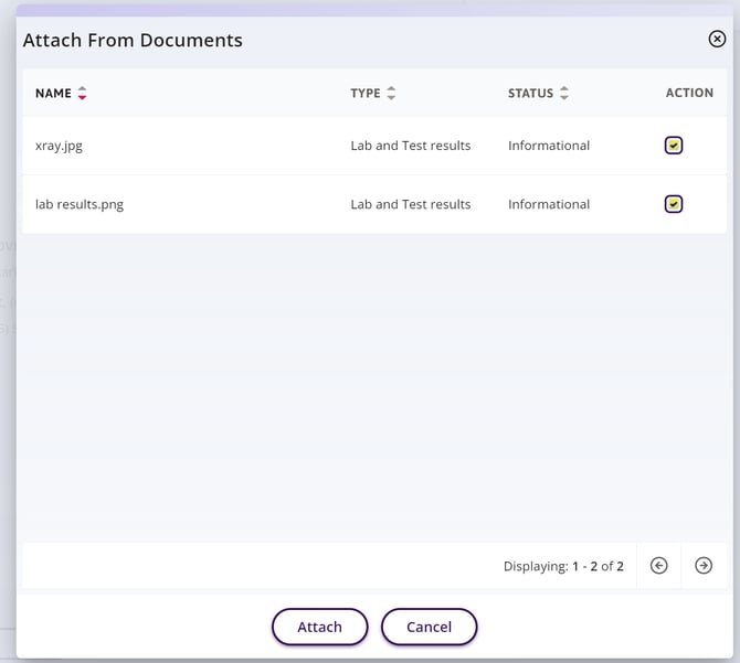 the Attach from Documents window where you can select files to attach from the patient profile.