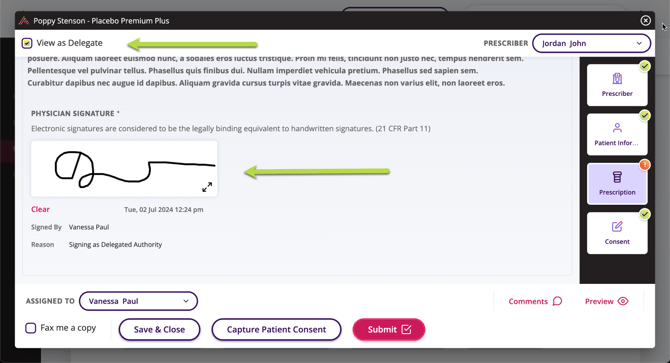 An arrow is pointing at the top of the page to the View Delegate checkbox. In the middle of the page an arrow is pointing at the signature box.