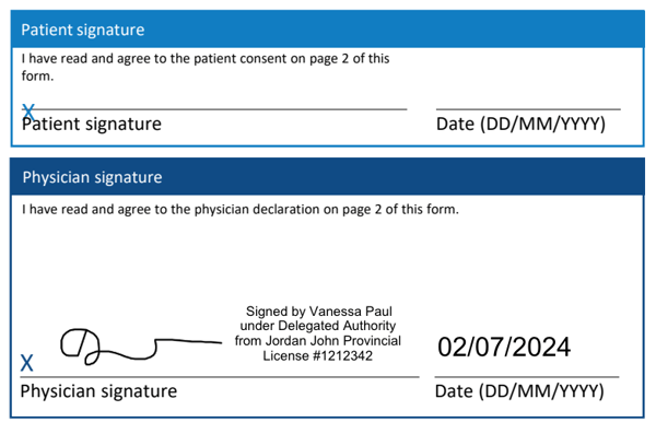 A note indicating the delegate has signed on behalf of the Prescriber is shown next to the signature.