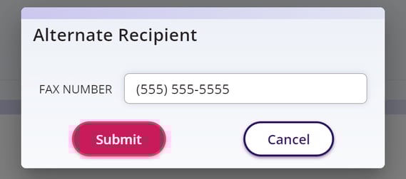 W window displaying the option to enter a Fax Number is available. There are options to Submit the fax number or cancel.
