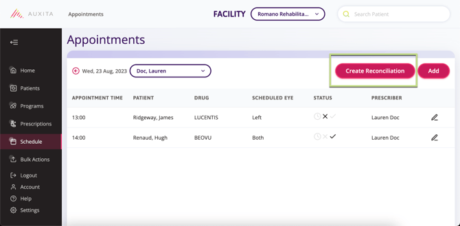 A screenshot showing where to click to 'create reconciliation' button