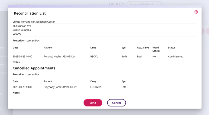a screenshot of the reconciliation list and where to click to send it