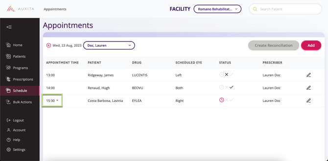a pink asterisk is appended to the appointment time. This indicates the appointment is new and was not included in any previously generated Reconciliation Report. 