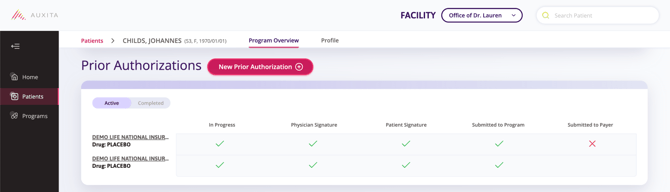 The Patients section in the Program Overview tab, showing the reimbursement status.