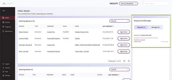 A screenshot of the home page highlighting the Requests and Messages section