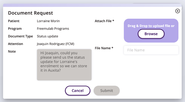 Document requests window that will automatically appear and show patient, program, document type, attention to, notes and where to attach the files/documents