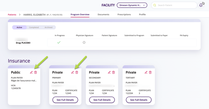 Edit option is noted in this screenshot for insurance.