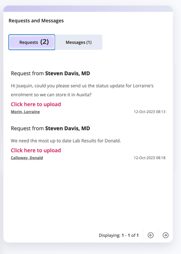 The Request tab of the Requests and Messages section where you can see which documents were requested.