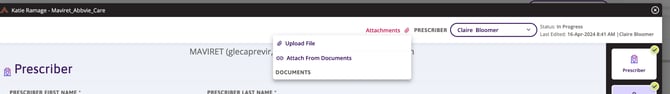 A snippet of a prior authorization form displays the Attachments option selected, here you can select upload file or attach from documents.