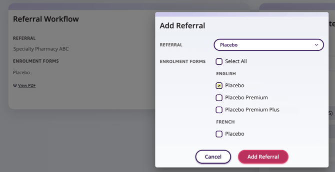 Add referral window is displayed with a referral dropdown and enrolment forms to select all or specific forms.