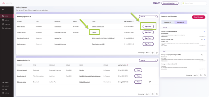 The Awaiting Signature section indicating where you can click to sign a form.