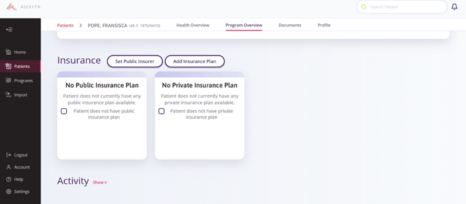 The patients profile showing where to add insurance details 