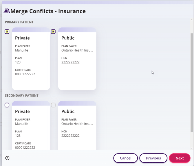 The option to merge the primary patient and secondary patient insurances is displayed.