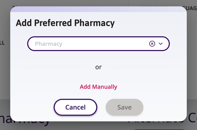 Add Preferred Pharmacy window where you can search an existing pharmacy or click Add Manually. 