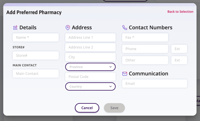 Add Preferred Pharmacy window where a user will input the data. The Name and Fax number have an asterix indicating they are required.