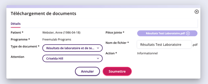 La fenêtre de téléchargement du document dans laquelle vous pouvez renseigner les détails du document et rechercher le fichier sur votre ordinateur.